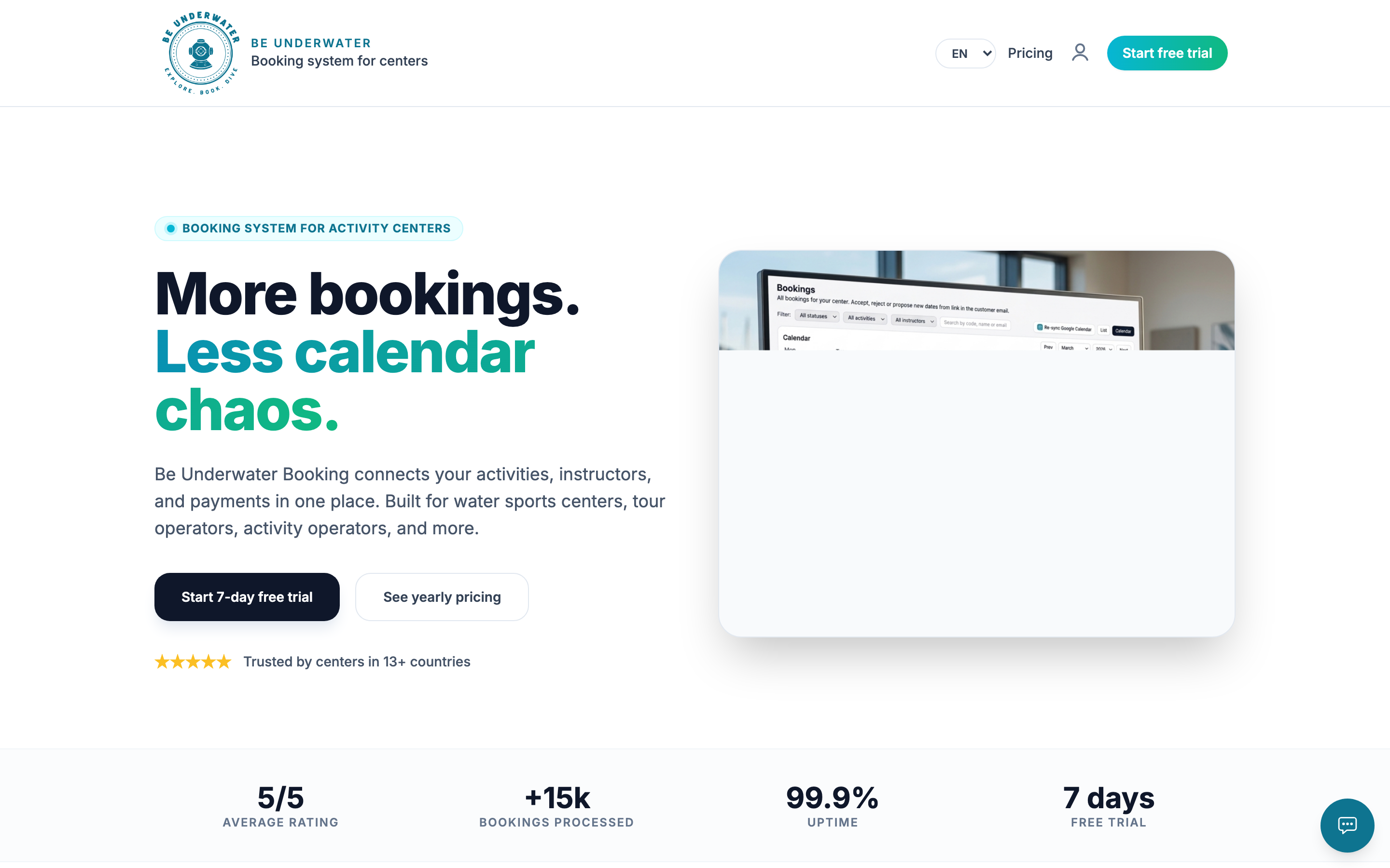 Be Underwater Booking homepage — Espeto Diving can start from Sign up / Start free trial