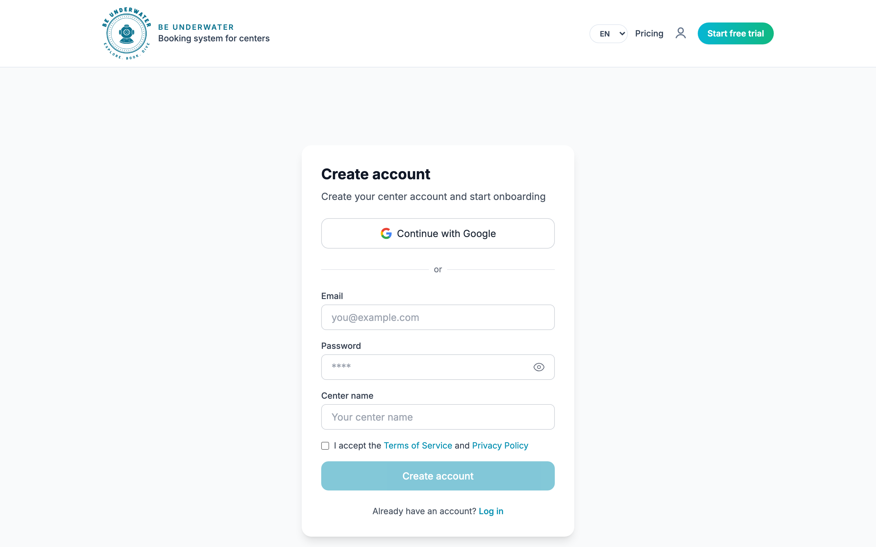 Create account form — register Espeto Diving