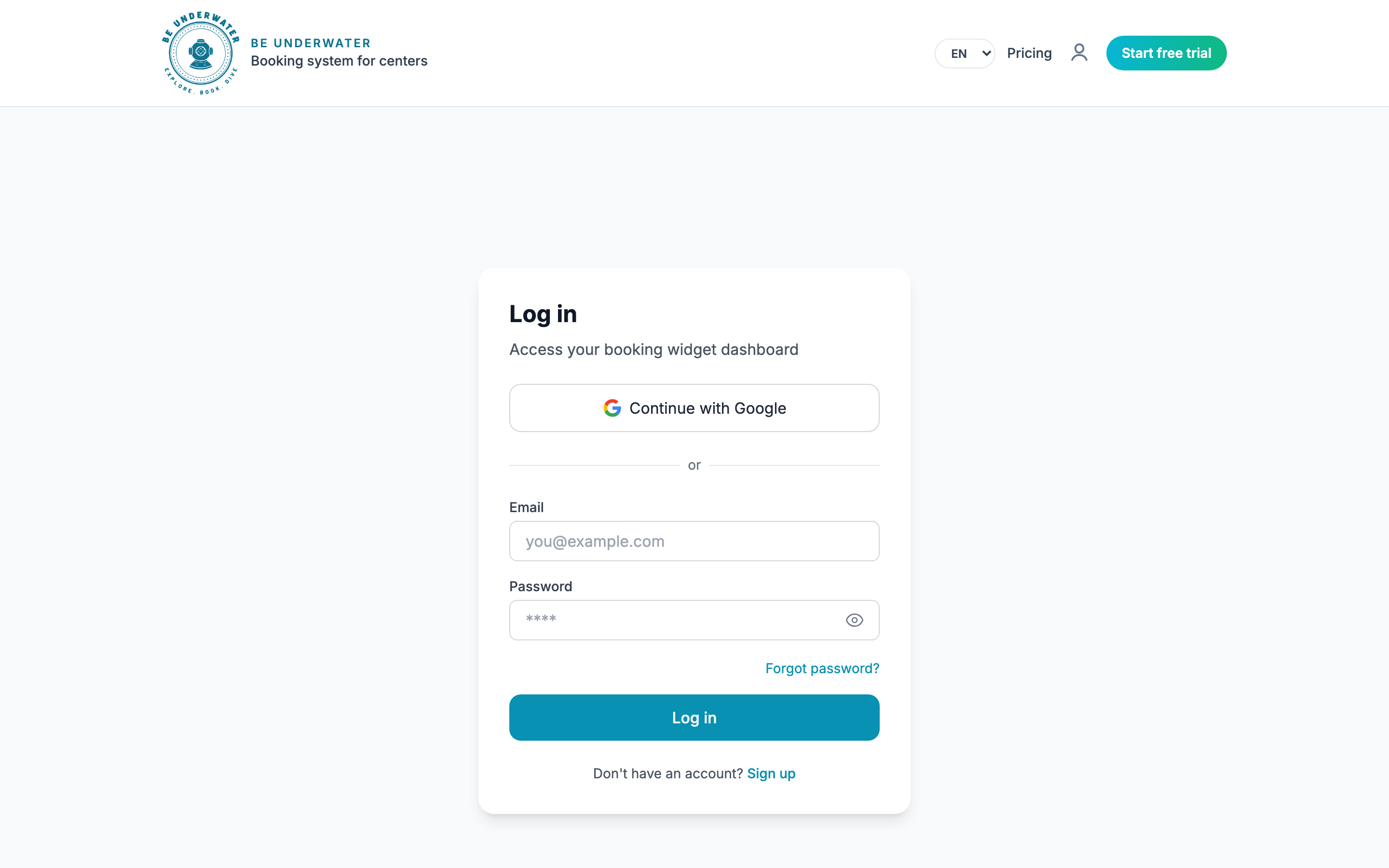 Log in page — access the Espeto Diving dashboard