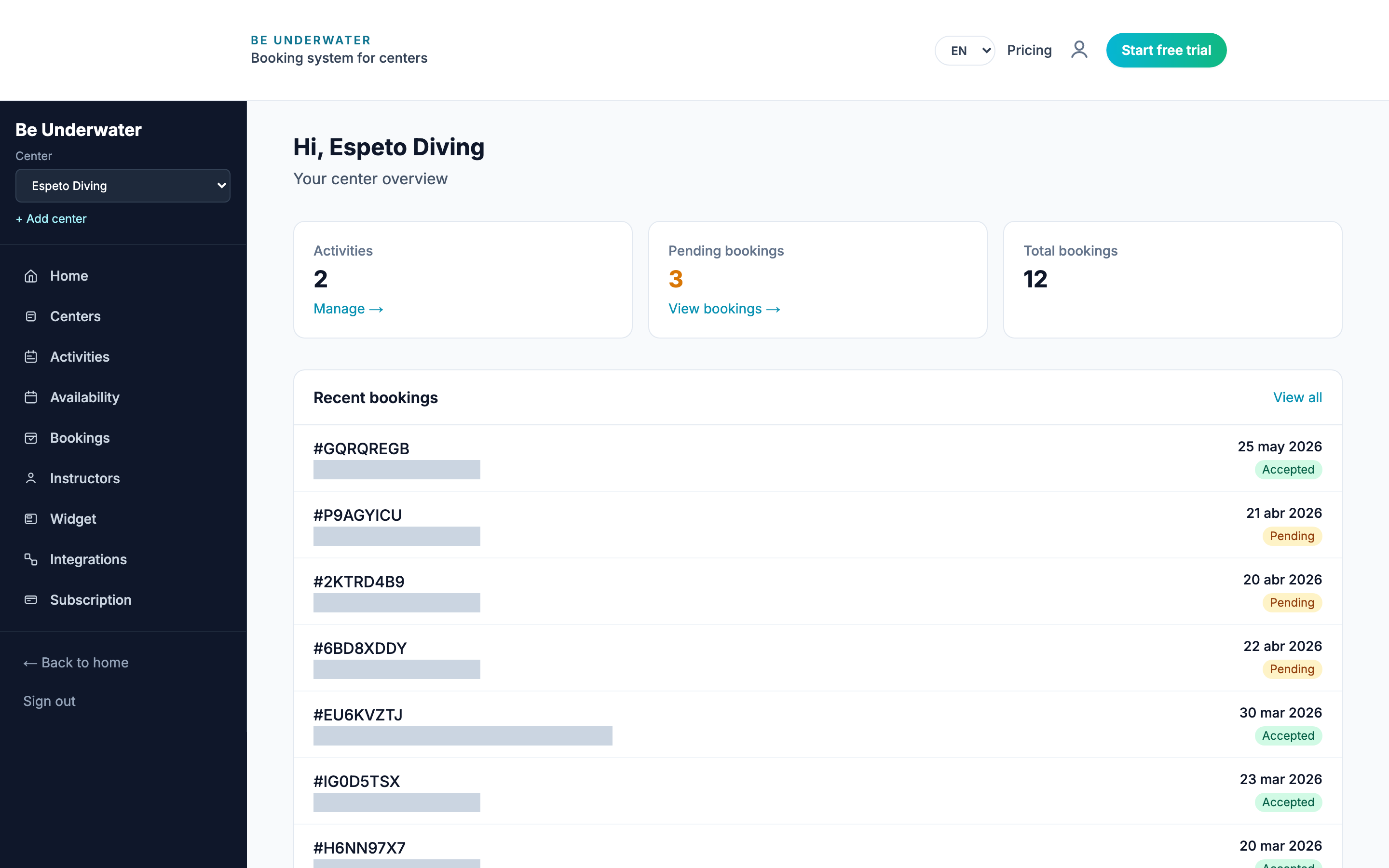 Espeto Diving dashboard overview — activities, bookings and quick actions
