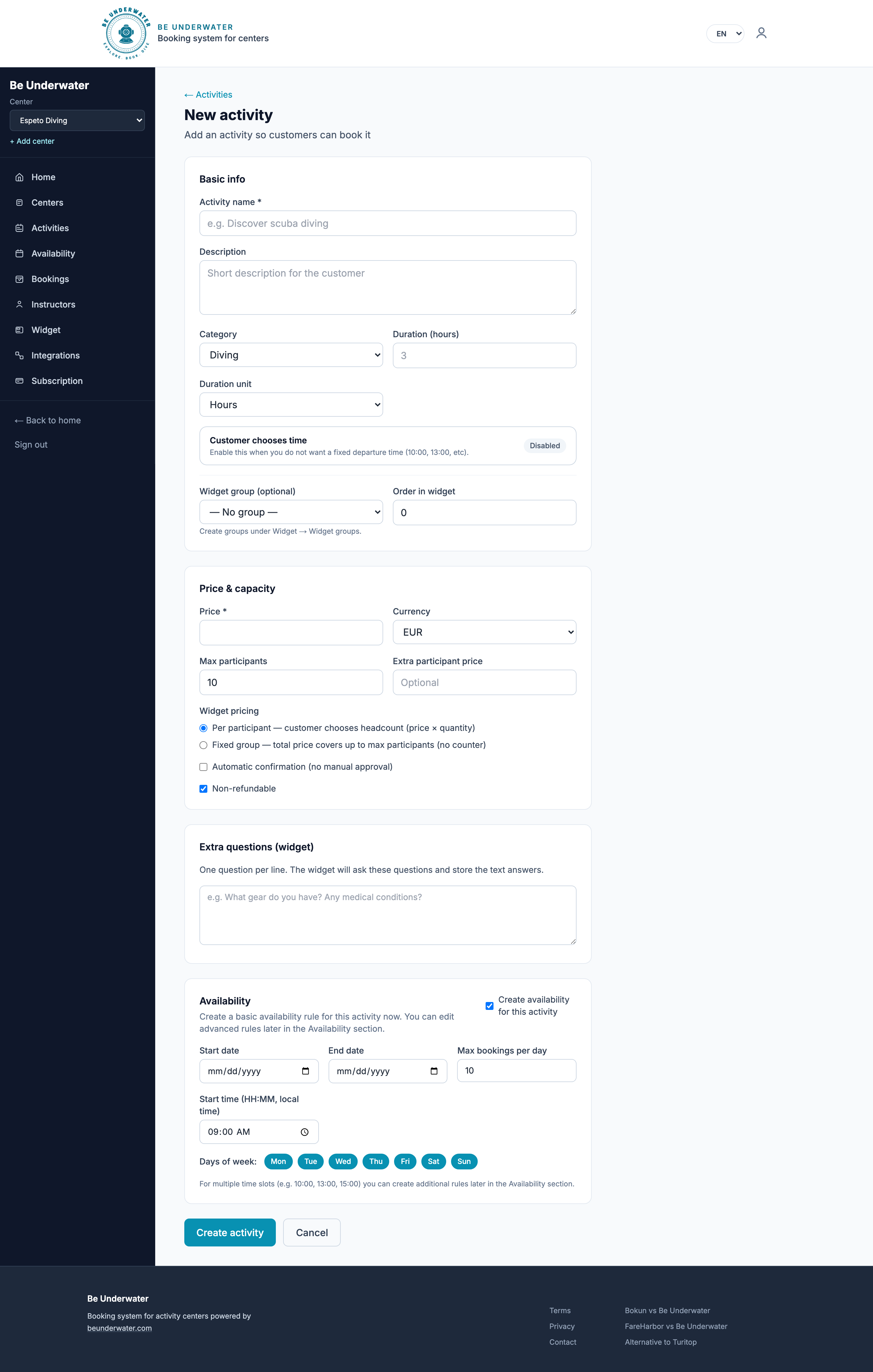 New activity form — create a bookable product for Espeto Diving