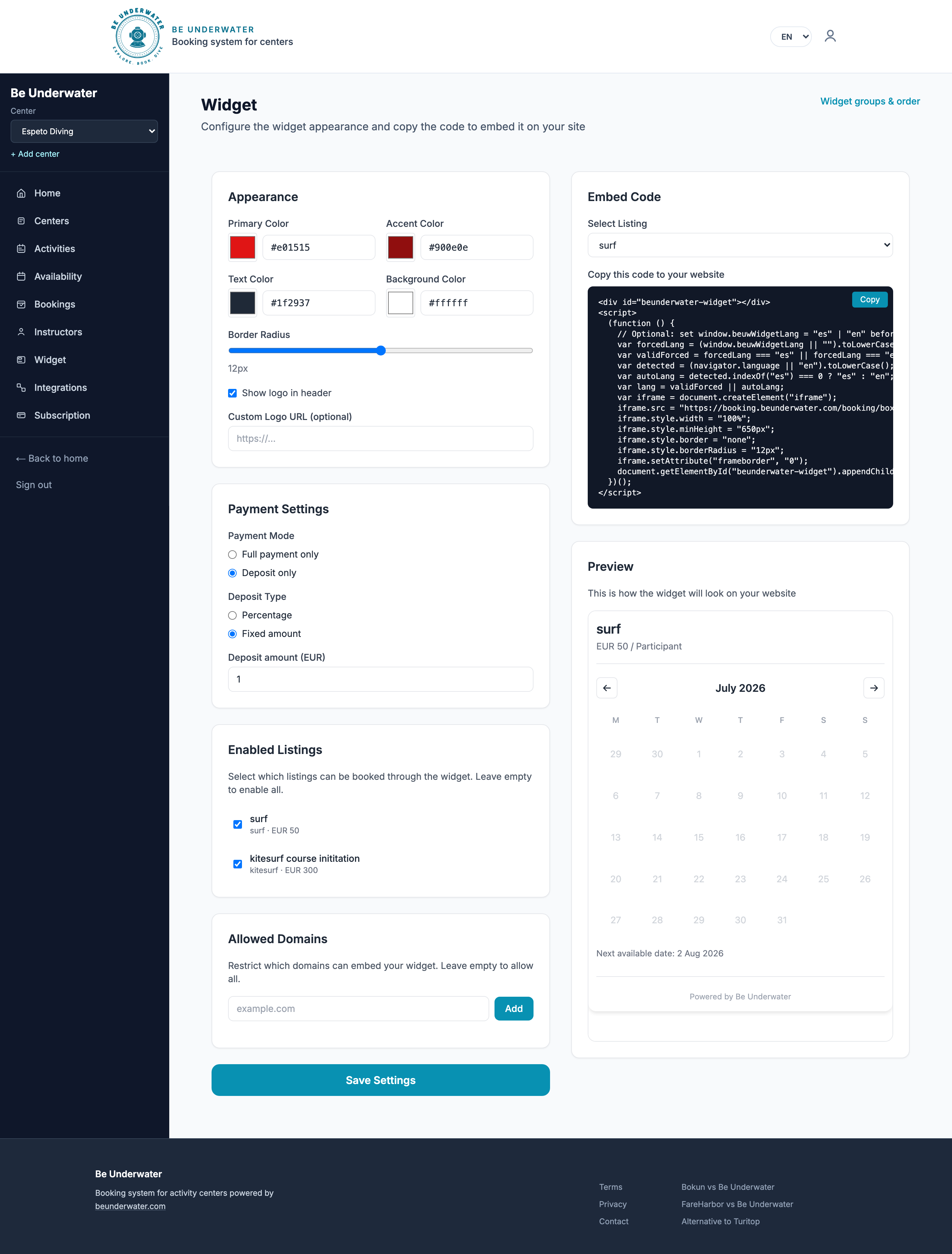 Widget settings — appearance, payments and embed code for Espeto Diving