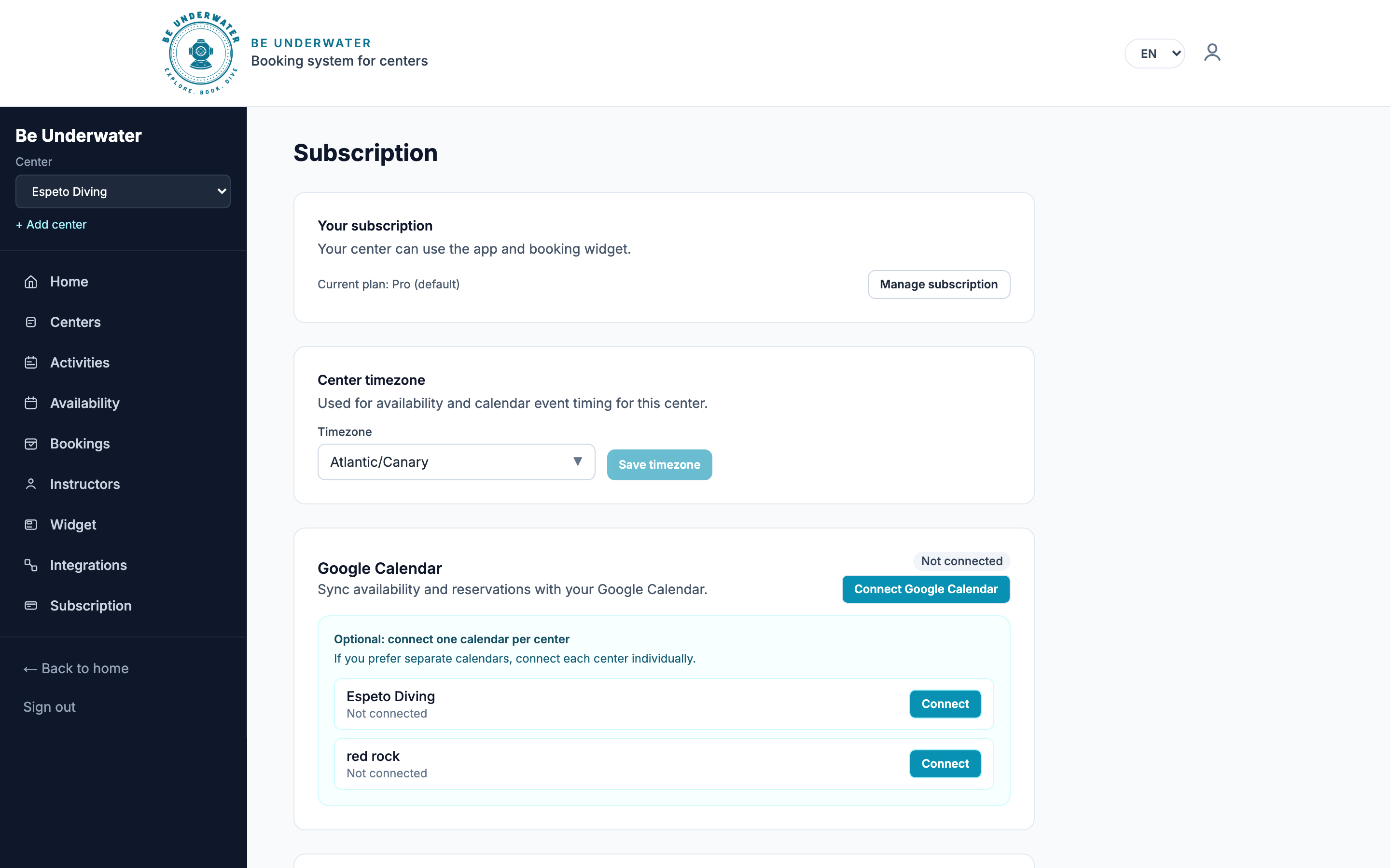 Subscription page — trial, Stripe Connect and Google Calendar for Espeto Diving