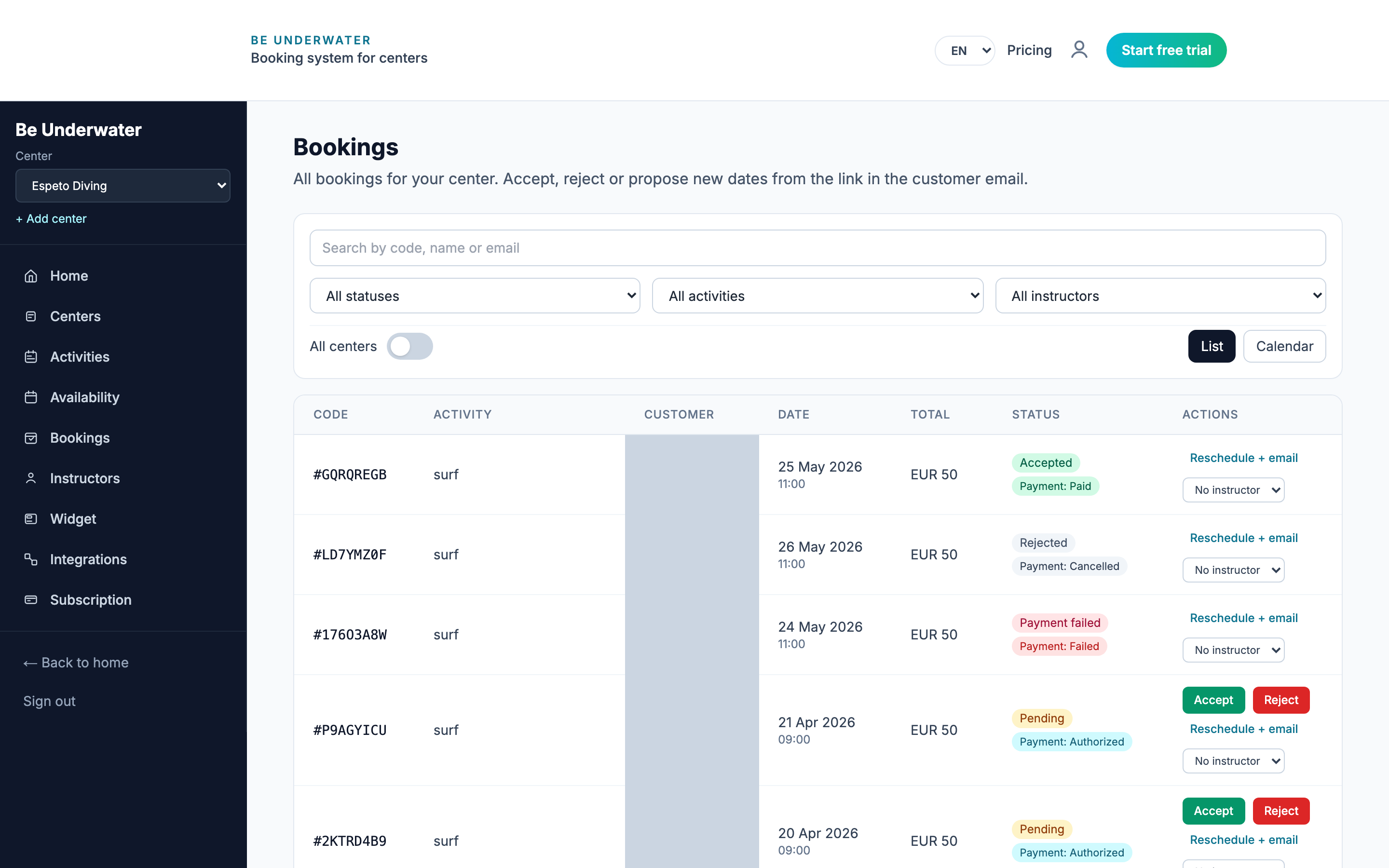 Bookings inbox — accept, reject or reschedule Espeto Diving reservations