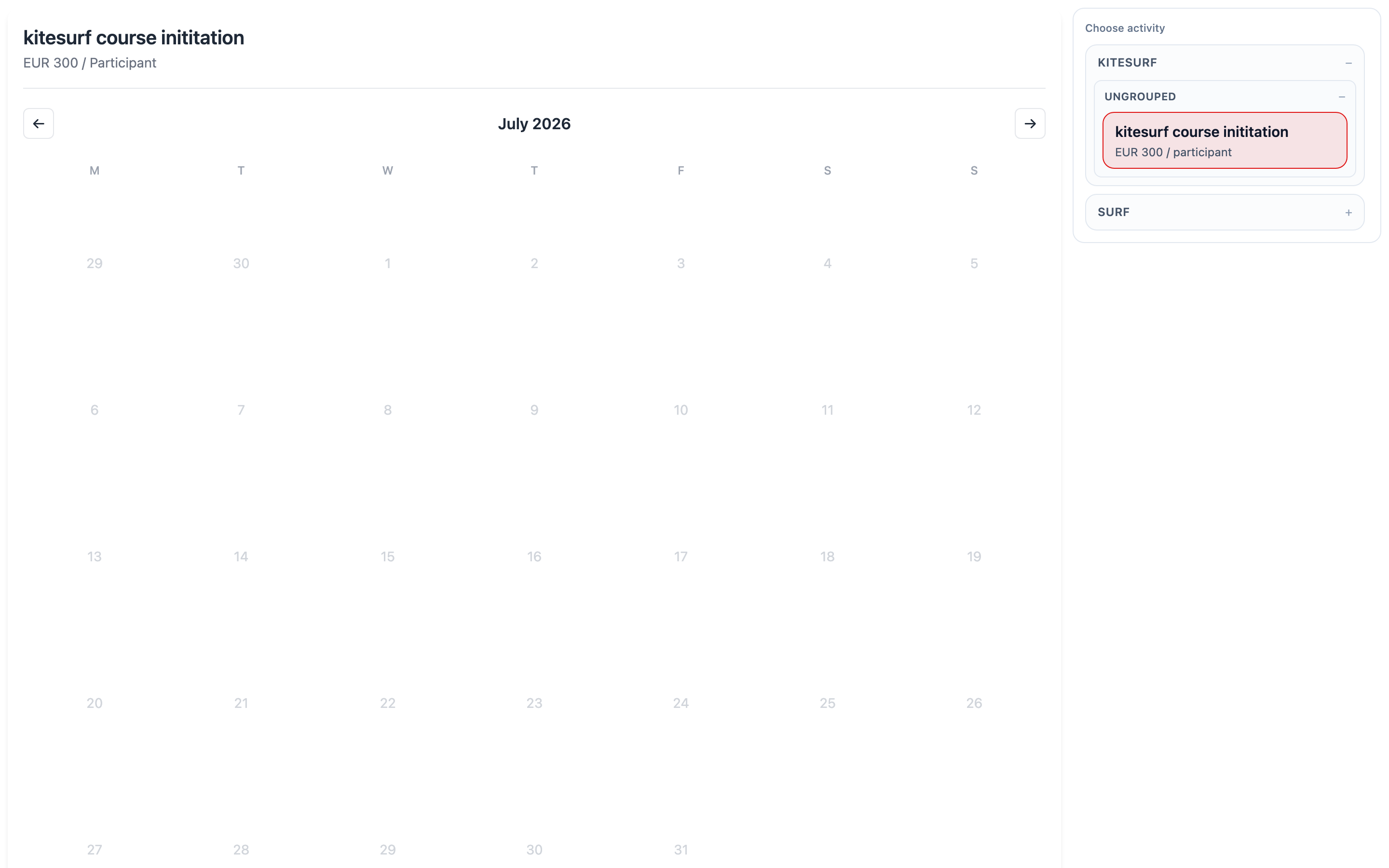 Customer-facing booking widget preview — Espeto Diving multi activities